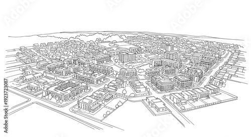 Isometric cityscape outline featuring urban architecture with detailed building design