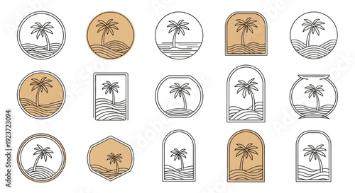 Collection of stylized tropical palm tree emblems with wavy lines representing water and sand, set against various geometric and organic frames.