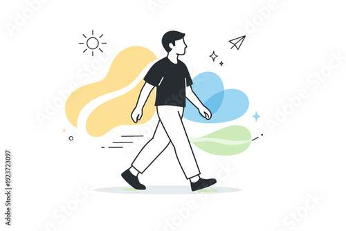 People interacting with light. A figure walks through a sunlit space, with soft light shapes following their movement. The mood suggests curiosity, openness,