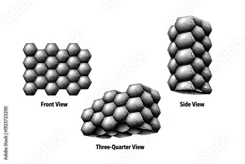 Dotted hex lattice pattern with subtle depth illusion shown from front view, side view, and three-quarter perspective as a single object set with realistic