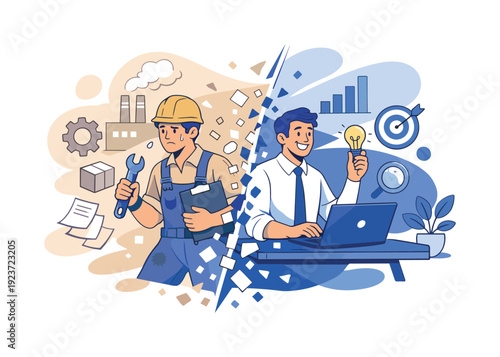 From old role to new. Split scene showing previous job dissolving into a modern profession