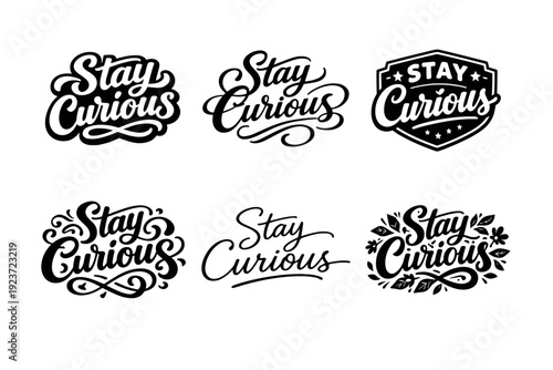 Stay Curious. Set lettering. harmonious lettering variations of the same emblematic concept, each with different artistic interpretation (Bold hand-lettering