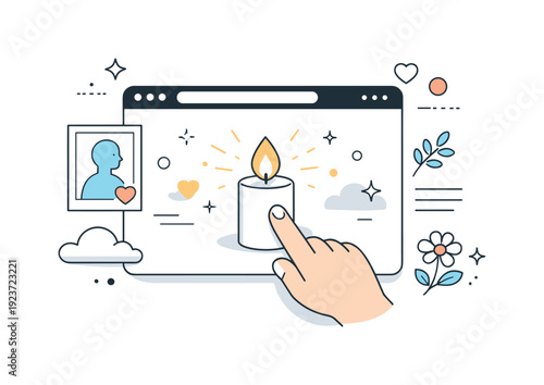 Digital memorial tribute with a candle and a profile picture on a browser window