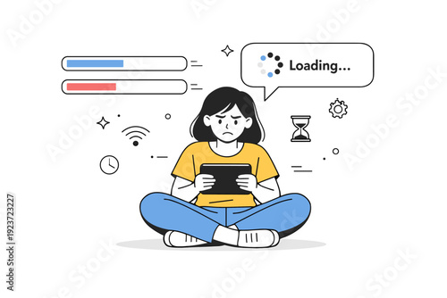 Progress bars frozen. Character with a tablet or phone, notification bubble showing "loading..." for too long. Friction between digital speed and real-time