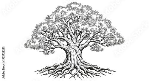 An intricately detailed black and white illustration of a large, ancient oak tree with sprawling branches and exposed roots.