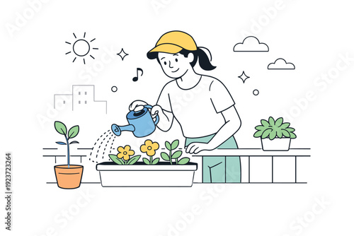 People watering plants again outdoors. A person waters plants on a balcony, garden, or small urban patch, enjoying fresh air. Gentle optimism