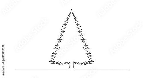 A minimalist, single-line drawing of a coniferous tree with a jagged outline, set against a white background with a horizontal line representing the ground.
