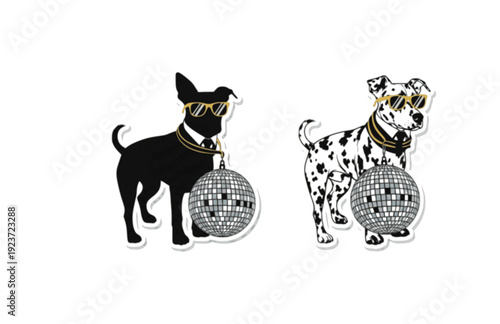 Funny Victorian dog with Disco Ball Sticker Silhouette. Quirky Surreal Silliness and Humorous Character Design for Gen Z Aesthetic Vector.