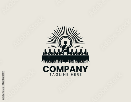 Spiritual dinner gathering scene with central figure and followers in clean modern vector illustration style