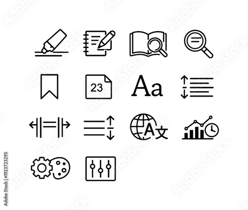 Reading features. Line outline icon set of reading features: text highlight, note annotation