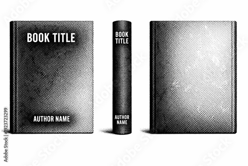Minimal book cover layout halftone template. A single minimal book cover layout template shown in three views: front cover view, spine view, and back cover