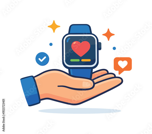 Hand holding a smartwatch displaying a heart rate, symbolizing health and wellness tracking