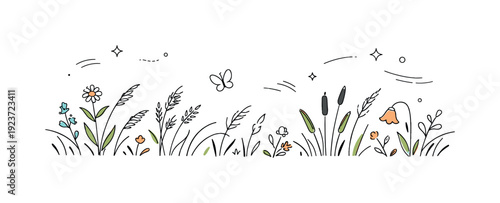 Wild grass and meadow details. Gentle horizon of tall grasses with light wind motion cues, evoking summer fields and slow time. Spacious