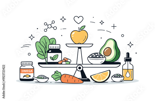 Mindful Nutrition Composition. Functional nutrition objects. Everyday healthy food items like supplements, vegetables, seeds, and bottles arranged as