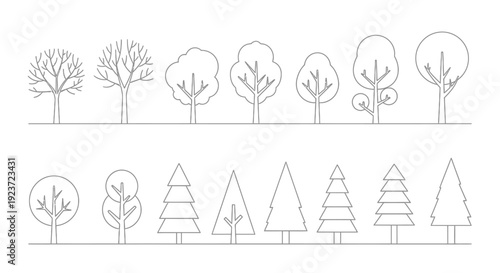 A collection of simple line art illustrations of various deciduous and coniferous trees, presented in two rows against a white background.