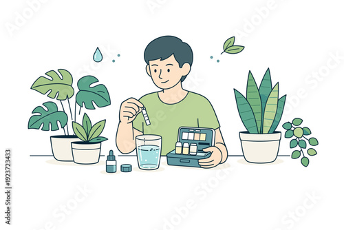 Home water testing for plants. A person using a small test kit to check water before watering houseplants, surrounded by greenery. The scene feels caring,