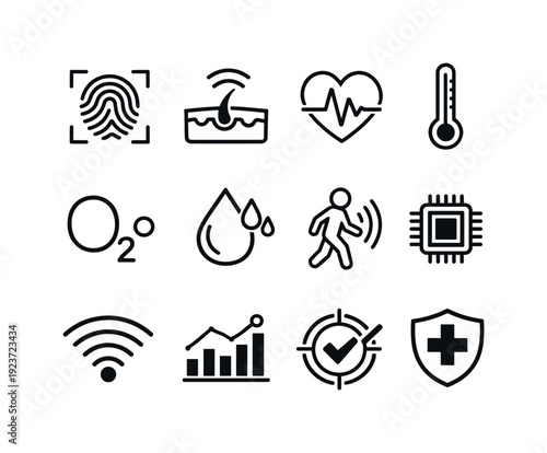 Health Monitoring Sensors. Line outline icon set of Health Monitoring Sensors: biometric