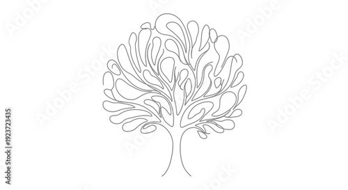 A minimalist, single-line drawing of a stylized tree with a full, abstract canopy, set against a white background.