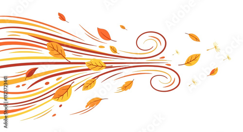 Autumn leaves are blown by the wind, creating swirling patterns and a sense of movement.