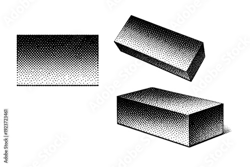 Old style dot effect gradient block, a single rectangular dot gradient object represented in straight-on view, rotated angled view, and three-quarter
