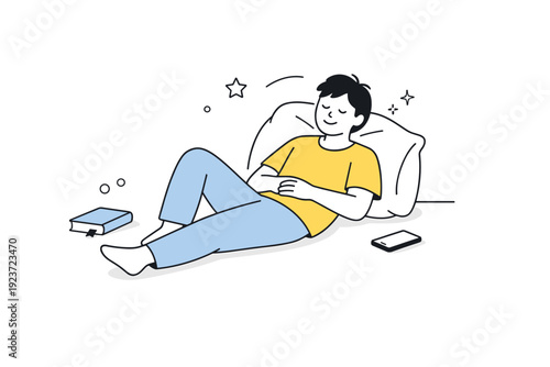 Comfort slouch mood. Someone lounging on a couch or floor with a gentle slouch, a book or phone resting nearby. Everyday rest visualized with soft structure.