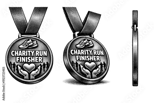Charity run finisher medal with engraved emblem shown from front view, angled view, and edge profile view as a single object set. Black and white dot style