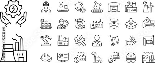 Collection of manufacturing line icons, Factory and manufacturing Web Icon Set in Linear Style, including automation, plants, industrial, production, machine, warehouse and more.eps