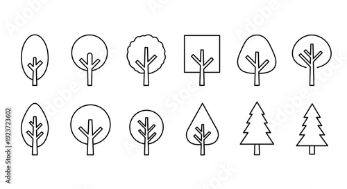 A collection of simple line art icons representing various types of trees, including deciduous and coniferous varieties.
