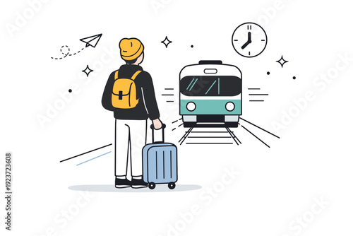 People in transitional moments. A person waiting on a platform with a small suitcase, train approaching in the background. The mood suggests