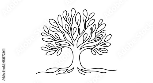A minimalist black and white line drawing of a stylized tree with flowing branches and visible roots.