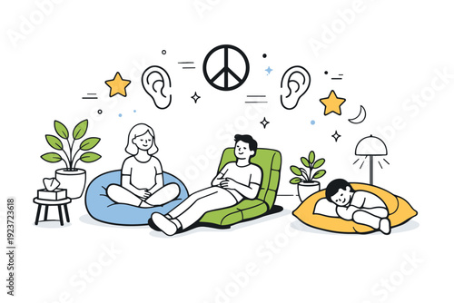 Quiet zone at inclusive festival. Calm space with soft seating, plants, and sensory-friendly lighting away from the crowd, floating icons of