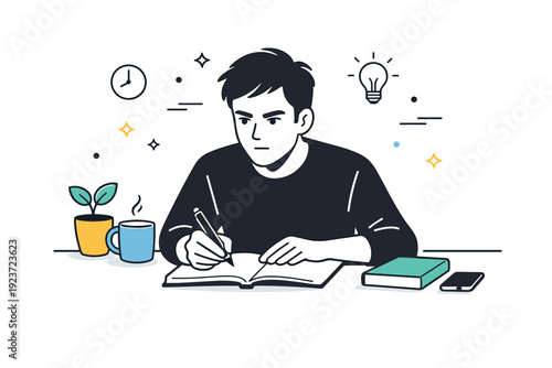 Deep concentration facial expressions. Person working at a desk with calm but serious facial expression, eyes fixed on a task just outside