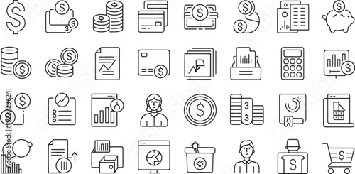 Collection of finance and business related icons isolated on transparent background