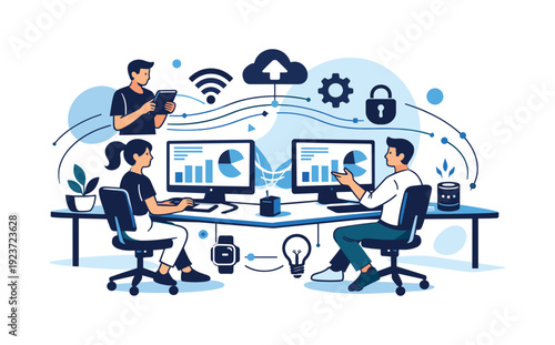 Smart IoT Workspace. Smart office. Modern workspace with connected desks, screens syncing automatically, IoT