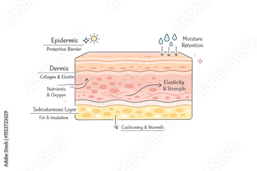 Skin care diagram illustration. Simplified skin cross-section with labeled layers and gentle arrows explaining skin structure and function.