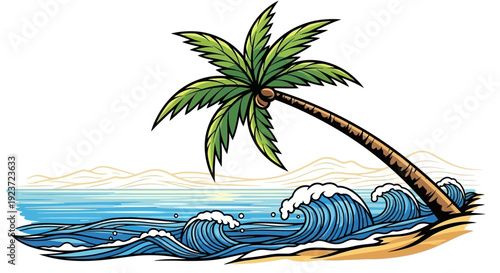 A leaning palm tree on a sandy beach with large ocean waves crashing ashore under a hazy sky.