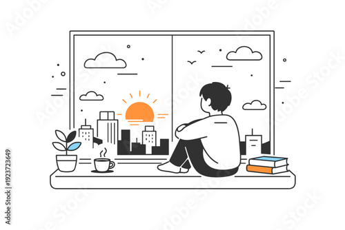 Ending the day with an urban spring sunset. Person sitting by a window looking at the city skyline and setting sun, quiet reflection and emotional balance.