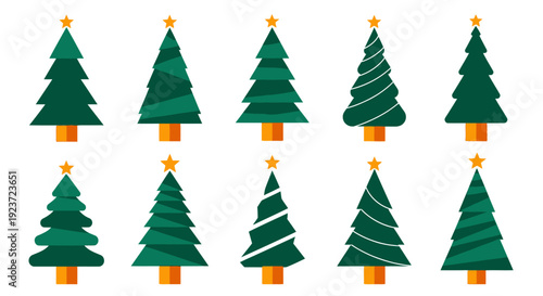 A collection of ten stylized green Christmas trees with orange bases and yellow stars on top, arranged in two rows.