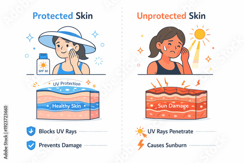 How the sun affects our skin. Split scene showing protected skin with sunscreen and unprotected skin under sun rays. Clear educational