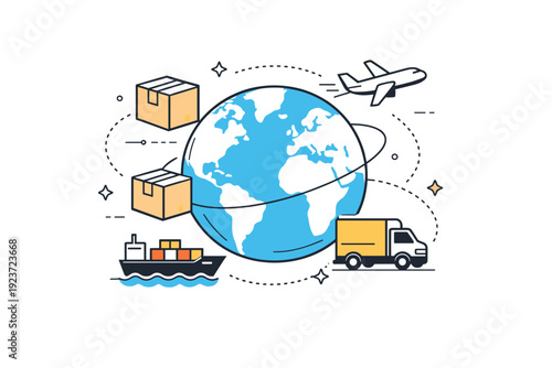Global shipping. Clean editorial icon illustration of a globe combined with boxes and transport lines, representing international logistics and supply chains.
