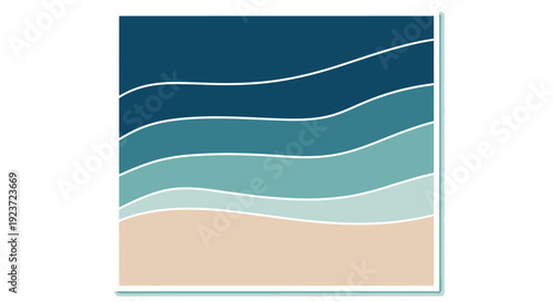 Abstract representation of ocean waves approaching a sandy beach with distinct color layers.