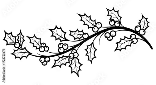 A decorative black and white illustration of a holly branch with berries, suitable for Christmas or winter themes.