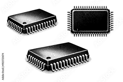 Microchip / processor ? microcontroller chip. A single microcontroller chip presented in three views with different rotations highlighting