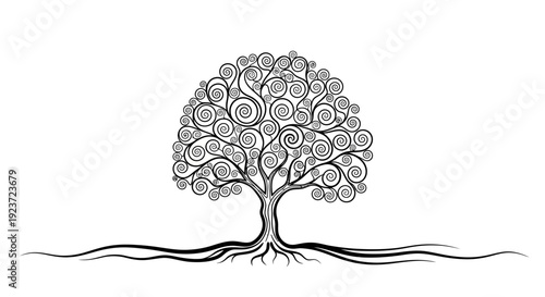 An artistic representation of a stylized tree with swirling branches and roots.
