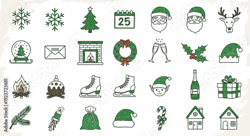 A collection of festive Christmas-themed icons, including snowflakes, a Christmas tree, Santa Claus, a reindeer, a fireplace, and gifts.