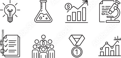 Collection of essential science and education icons isolated on transparent background