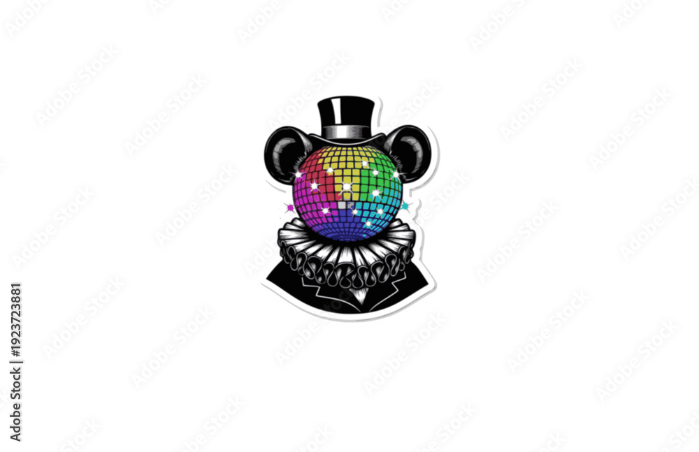 Obraz premium Funny Victorian mouse with Disco Ball Sticker Silhouette. Quirky Surreal Silliness and Humorous Character Design for Gen Z Aesthetic Vector.