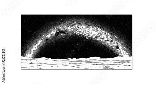 Celestial night: whimsical galaxy spiral over desert landscape in black and white