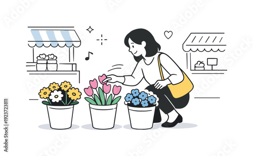 Woman choosing flowers at an outdoor market stall, illustration style