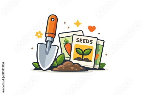 Spring gardening tools hand trowel and seed packets arranged in a balanced composition, communicating care, patience and natural growth. A light and
